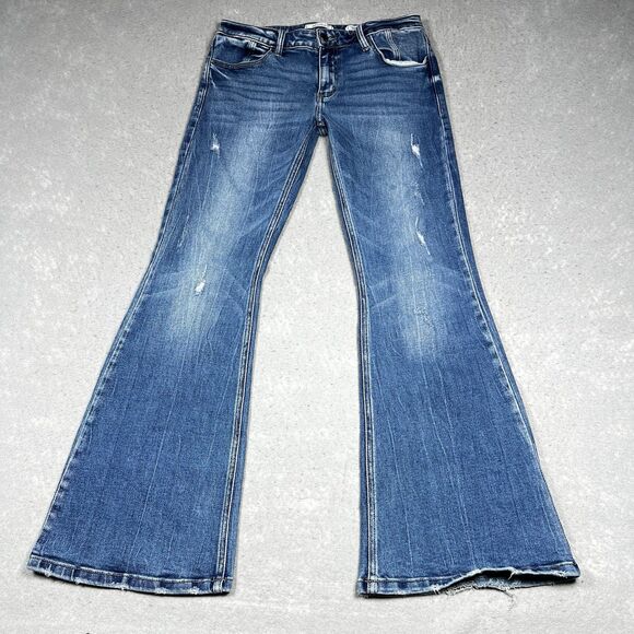 Kancan Flare Jeans Womens Size 28 Blue Dark Wash Raw Hem Low Rise Jeans Pockets - Picture 1 of 12